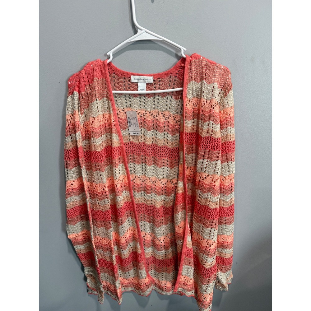 Christopher & Banks Coral Gold Chevron Pointelle Open Front Cardigan NWT Large